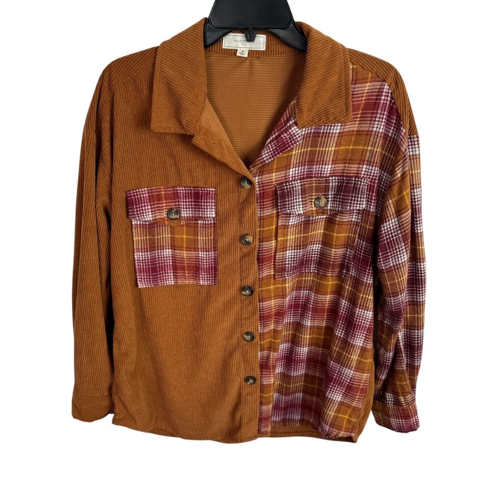 No Comment Women's Button Up Top Size Medium Plaid/Solid Long Sleeves